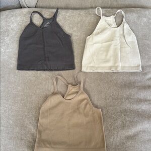 Set of Three Ribbed Tank Tops in Black, Cream, and Tan